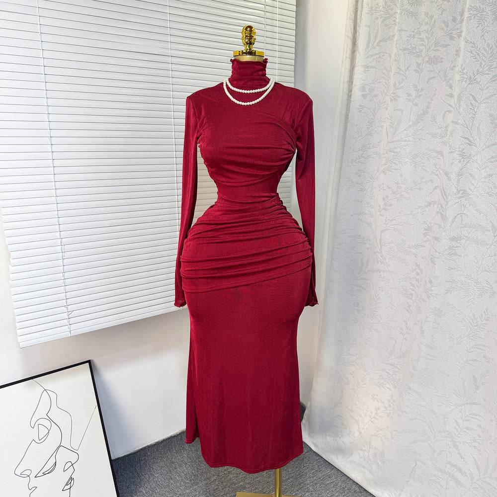 fashion style evening dress  spring new arrivalfashionelegant silhouette high collar chest wrap hip long sleevesdress