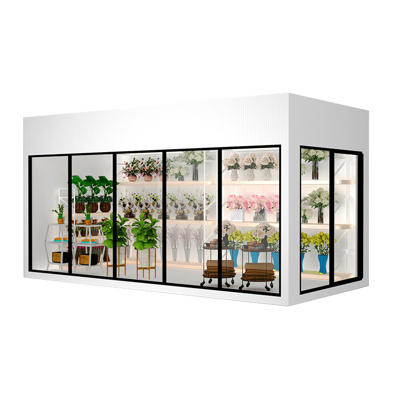 Complete glass cold storage system for flowers: professional glass conservatory, refrigerated flower display case, and air-cooled showcase for florists
