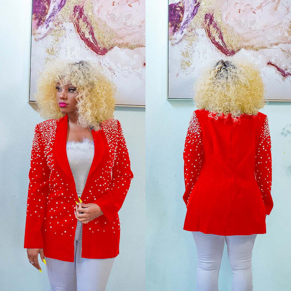 C6590 cross-border   fashion women's solid color beaded lapel long sleeve blazer