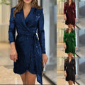 new european and american independent fashion women's sexy cinched waist multi-color sequin suit collar tie-up dress