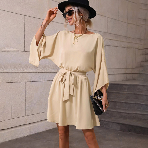women's clothing 2024 hot sale new round neck pullover elastic belt short skirt temperament long sleeve dress
