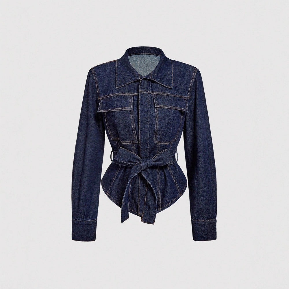 X-spot-66220#fashion  cross-border fashion women's versatile waist design belt denim jacket