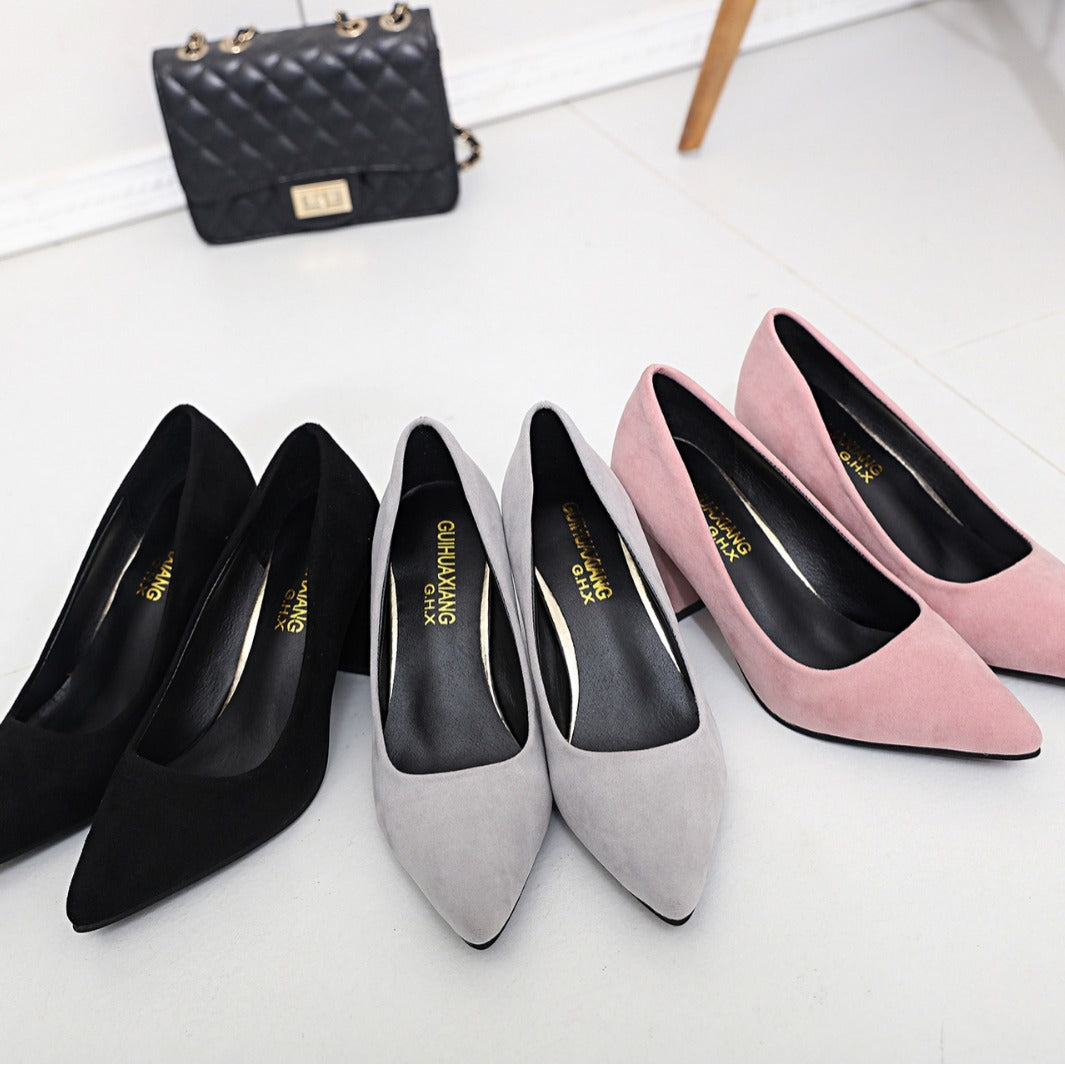 Large size new low-top work women's shoes autumn trimming leather thick heel solid color light mouth PU cover foot pointed high heel women's shoes