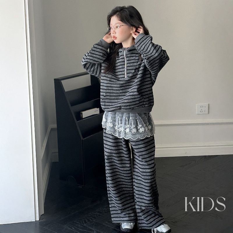 Girls'  autumn striped hoodie set: stylish hooded sweatshirt and wide-leg pants two-piece outfit for big girls