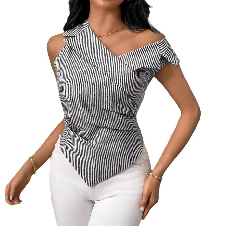 European and american cross-border   new striped design women's summer turn-down collar off-shoulder sleeveless vest