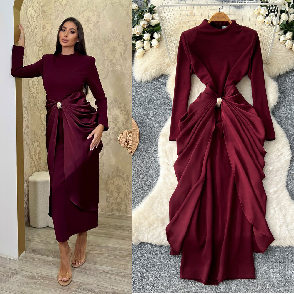 Elegant and chic semi-high neck pleated long sleeve dress - women's red, slim-fit, a-line maxi dress with figure-flattering waist