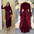 Elegant and chic semi-high neck pleated long sleeve dress - women's red, slim-fit, a-line maxi dress with figure-flattering waist