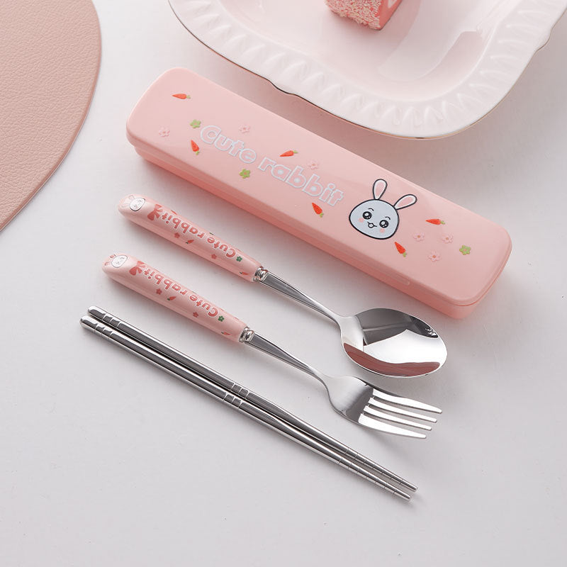 Cute stainless steel cutlery set with stylish ceramic handles - portable student dinnerware, kids' chopsticks and spoon set