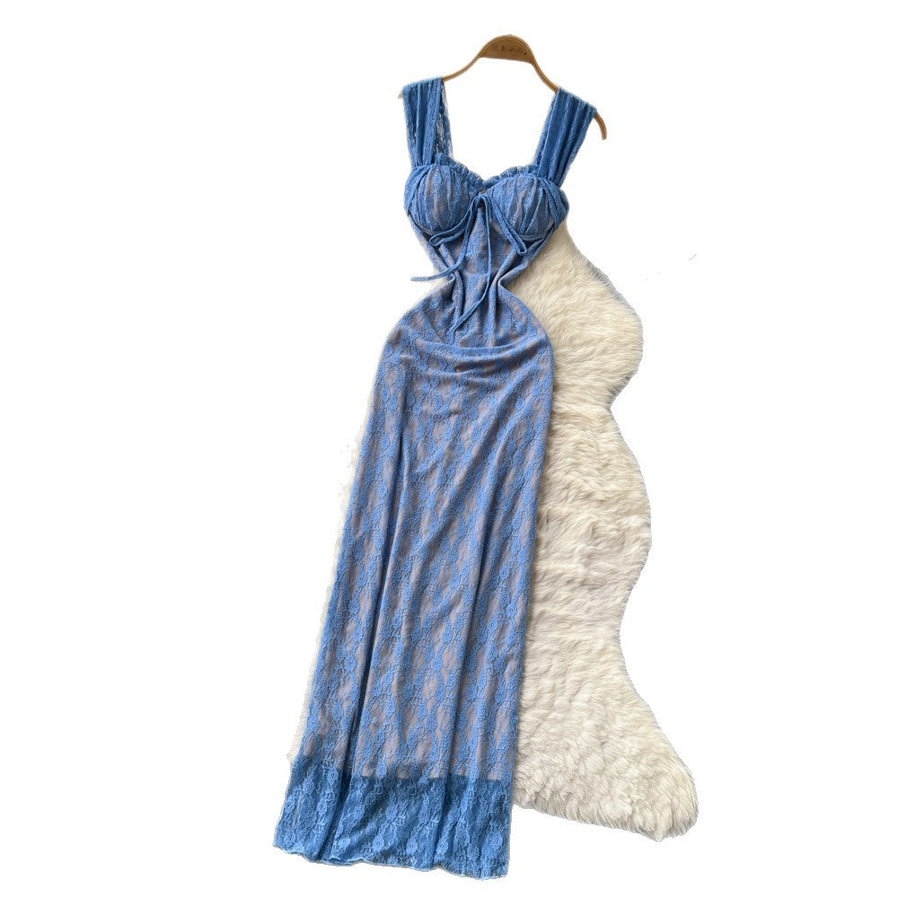 Pure desire style blue lace suspender dress women's summer silmsexy backless mermaid long dress vacation style dress
