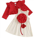 Girls' cute floral dress ribbed cardigan set