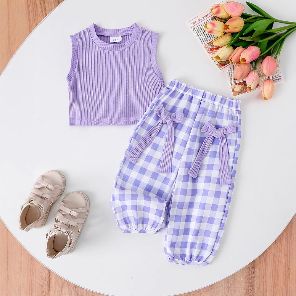 Children's clothing  fashion children's clothing girl purple vest + plaid pants cross-border