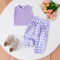 Children's clothing  fashion children's clothing girl purple vest + plaid pants cross-border