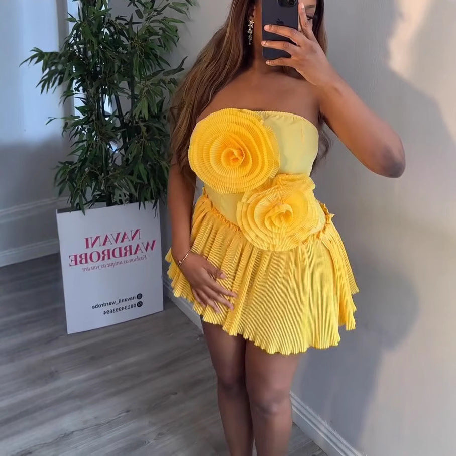 European and american women's clothing  summer new sweet and fresh large chest flower decoration tube top high waist a-line dress short skirt