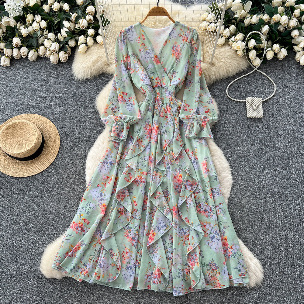 French retro v-neck long sleeve floral chiffon dress - women's  autumn collection - cinched waist, elegant ruffle hem maxi dress
