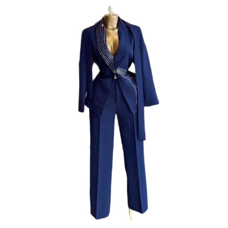 European and american cross-border women's fashion  spring new arrival: elegant solid color tie-waist blazer and high-waisted pants set