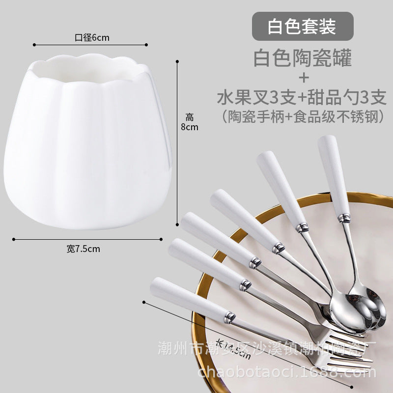 Stainless steel fruit fork set with premium ceramic storage jar, fruit picks, home watermelon forks, and stylish spoons