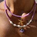 Wholesale sweater accessories necklace - european and american cross-border ins style shell alloy choker with purple seed bead layered necklace