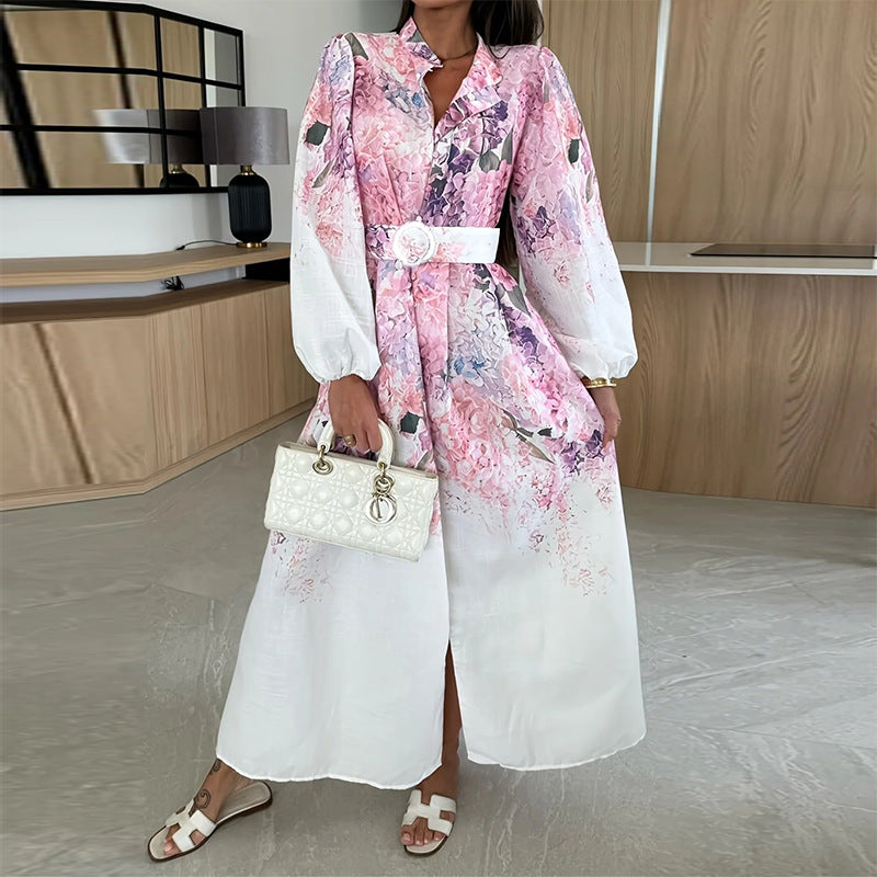 summer new women's fashion: cross-border european and american style dress - trendy printed lantern sleeve a-line maxi dress with cinched waist