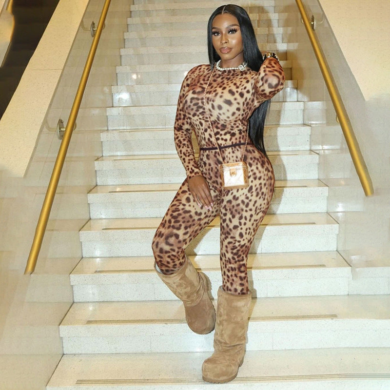 Europe, America 2025 new spring women's clothing sexy Spice Girls semi-turtleneck contrasting color leopard print sexy leggings two-piece set