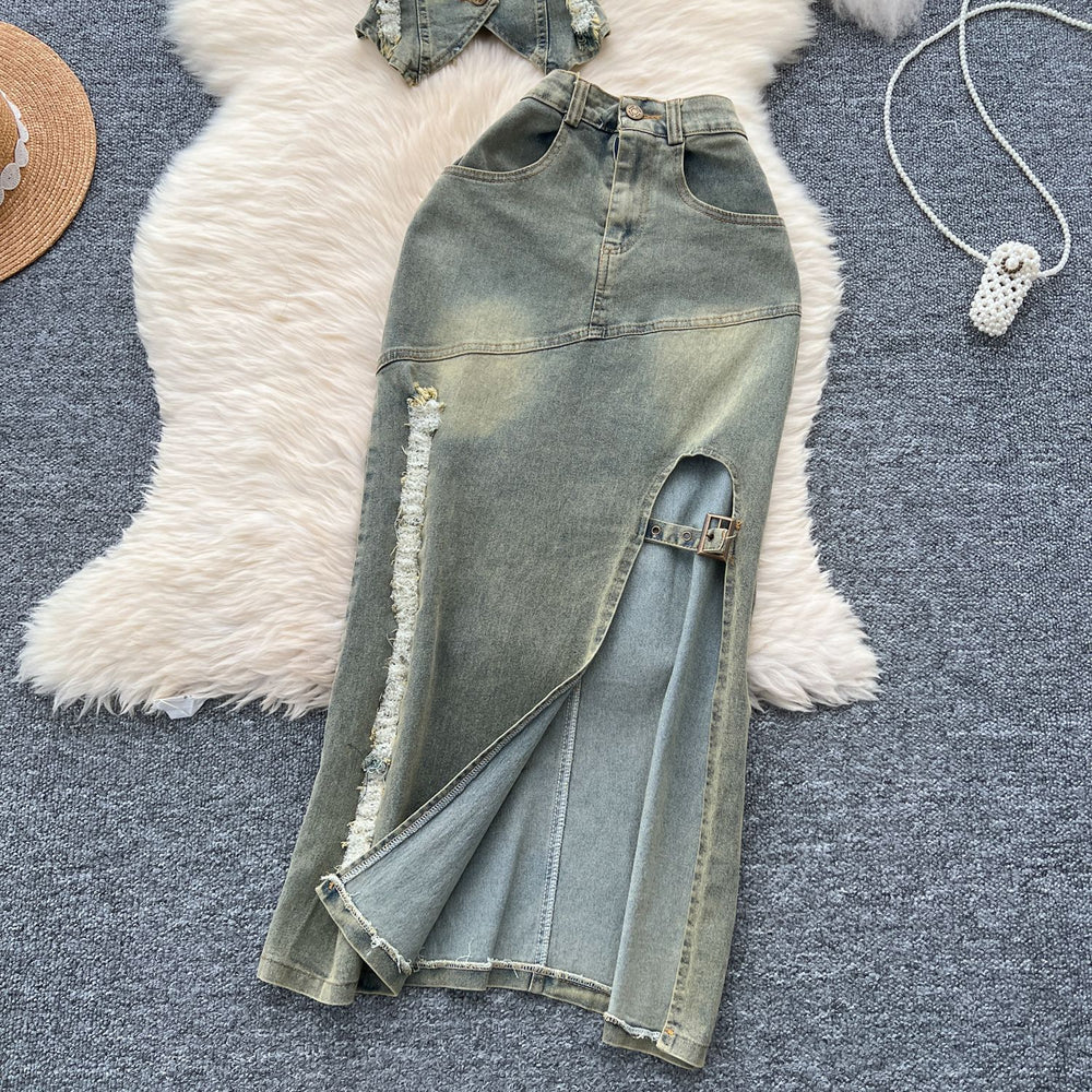 American retro washed distressed halter sleeveless lapel raw edge denim topstwo-piece set slit silm skirt