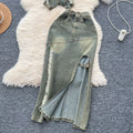 American retro washed distressed halter sleeveless lapel raw edge denim topstwo-piece set slit silm skirt