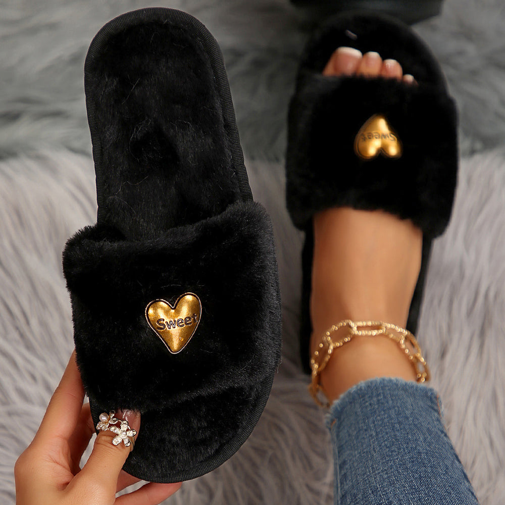 new small fragrance style heart style trendy internet celebrity thickeneded warm autumn and winter one-word fur slippers manufacturer wholesale direct sales