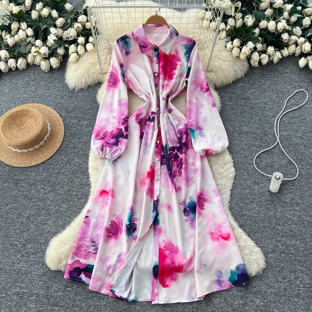 Korean style fashionable printed dress - new women's long sleeve tie-waist slimming a-line versatile elegant maxi dress for work