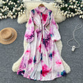 Korean style fashionable printed dress - new women's long sleeve tie-waist slimming a-line versatile elegant maxi dress for work