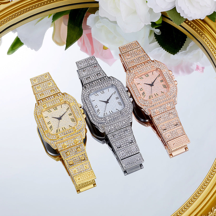 hot selling fashion square diamond-studded roman numeral dial women's quartz watch - silver & gold