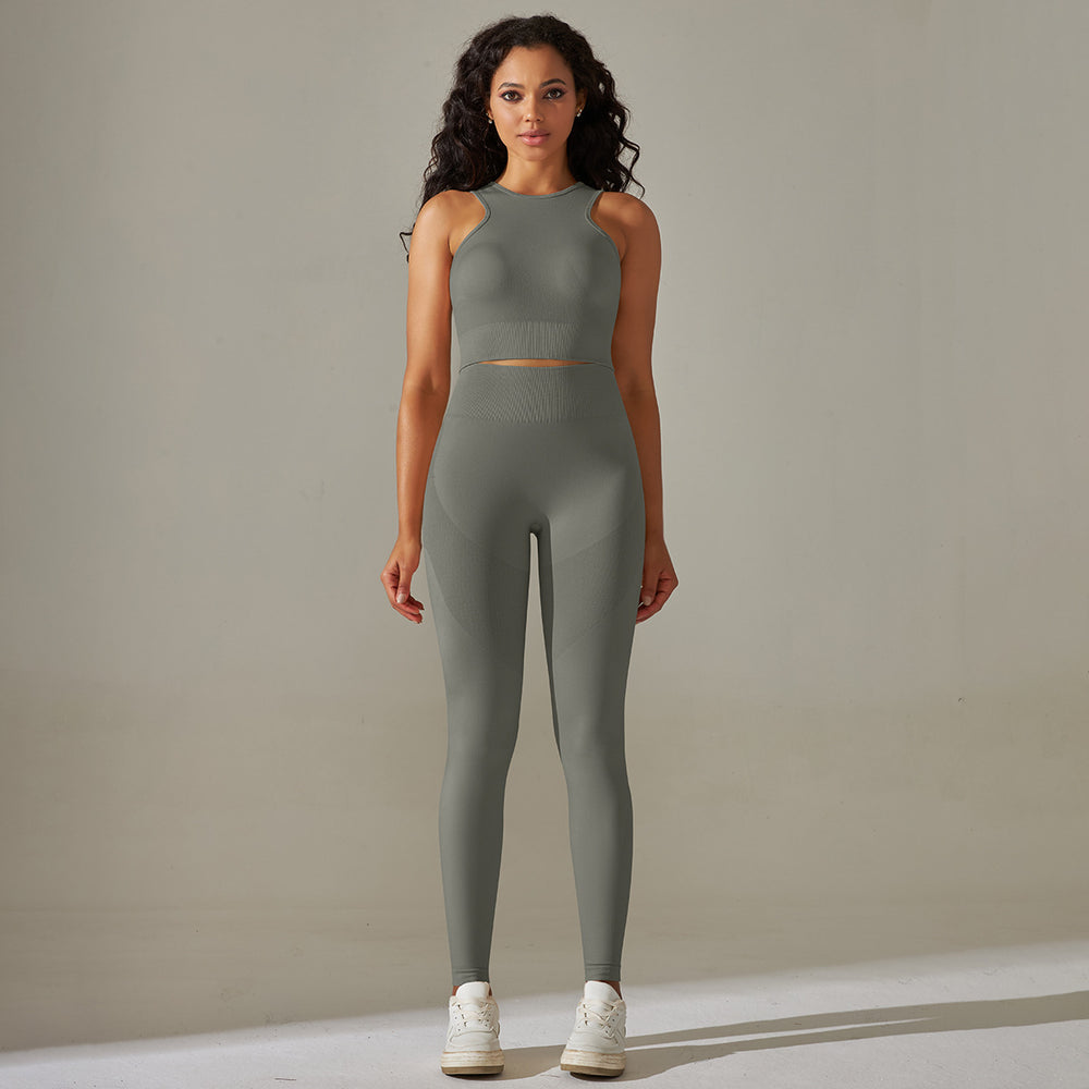 fashion seamless peach solid color tight high elastic vest yoga suit sports fitness yoga suit two-piece set