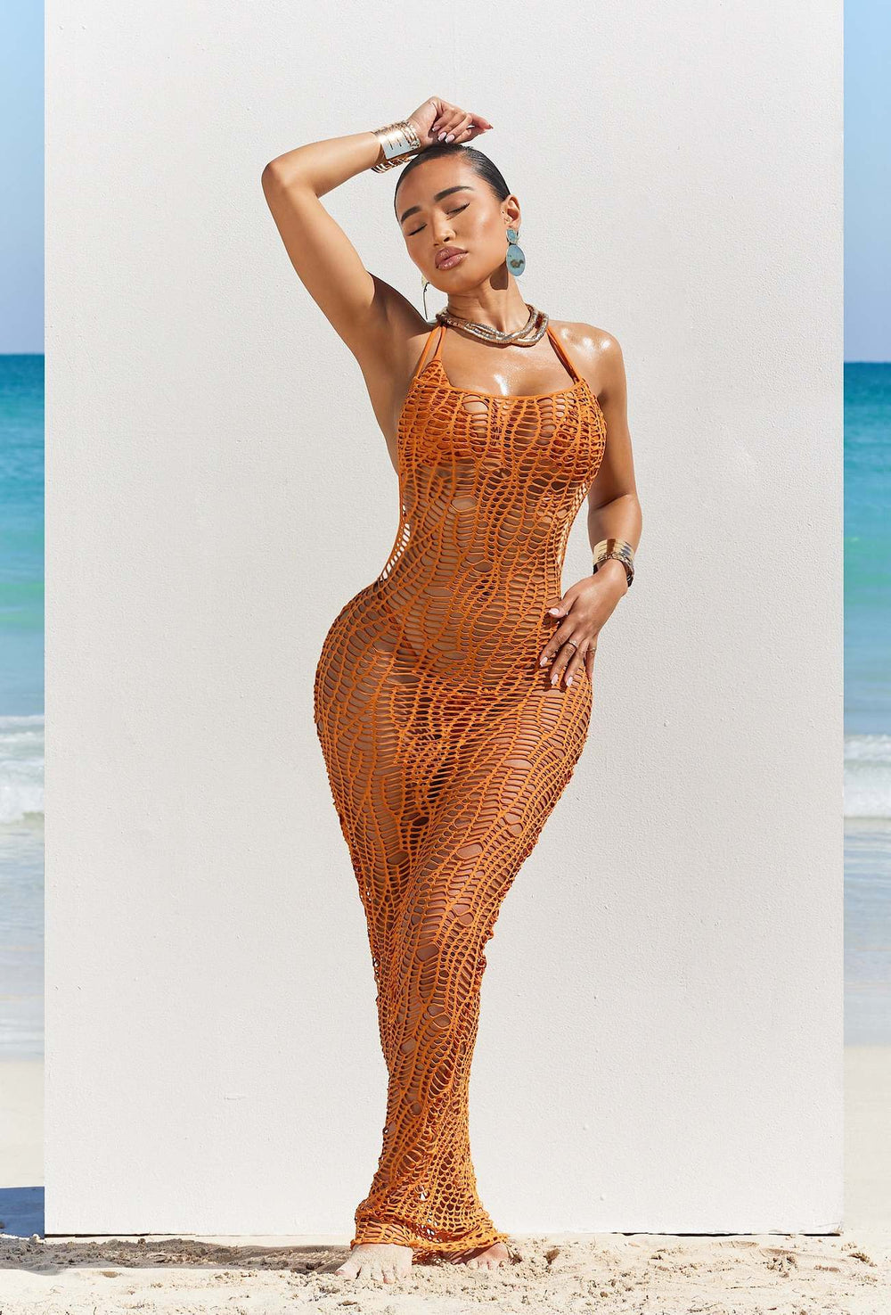 e-commerce european and american women's clothing sexy cup thong cut out naked back halter three-piece beach long skirt suit