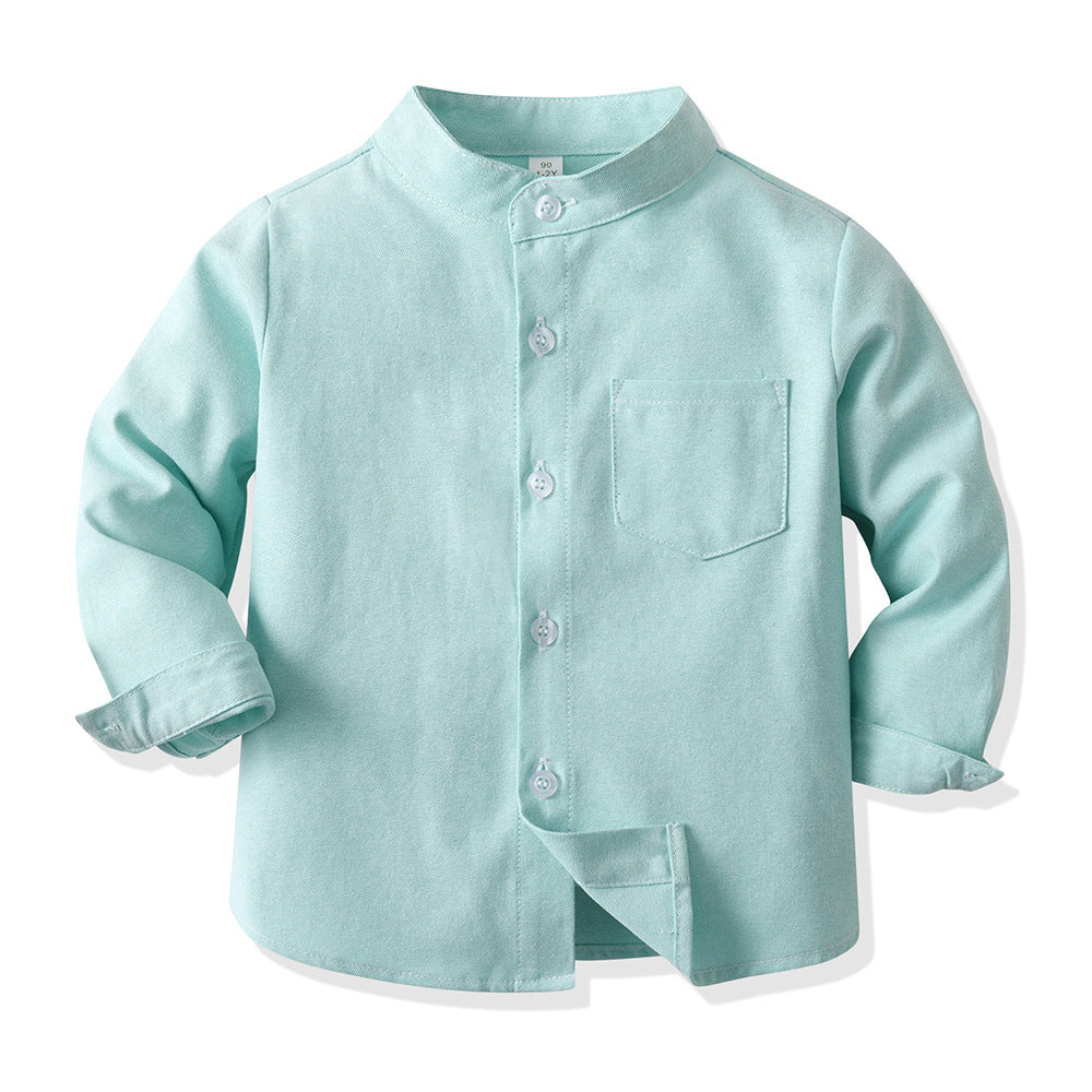 Inner wear cross-border children's clothing kids candy color shirt spring boys shirt medium and large children stand collar boys shirt long sleeves