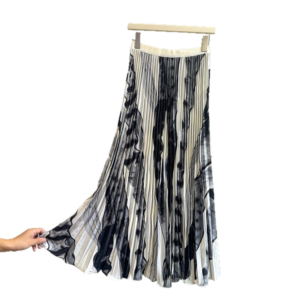 fashionretroprintingpleated elastic waist fashion skirt women's high waist a-line skirt work clothing long skirt summer