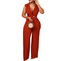 C8576  foreign trade women's new elegant blazer collar cinched waist chain detail loose wide leg jumpsuit