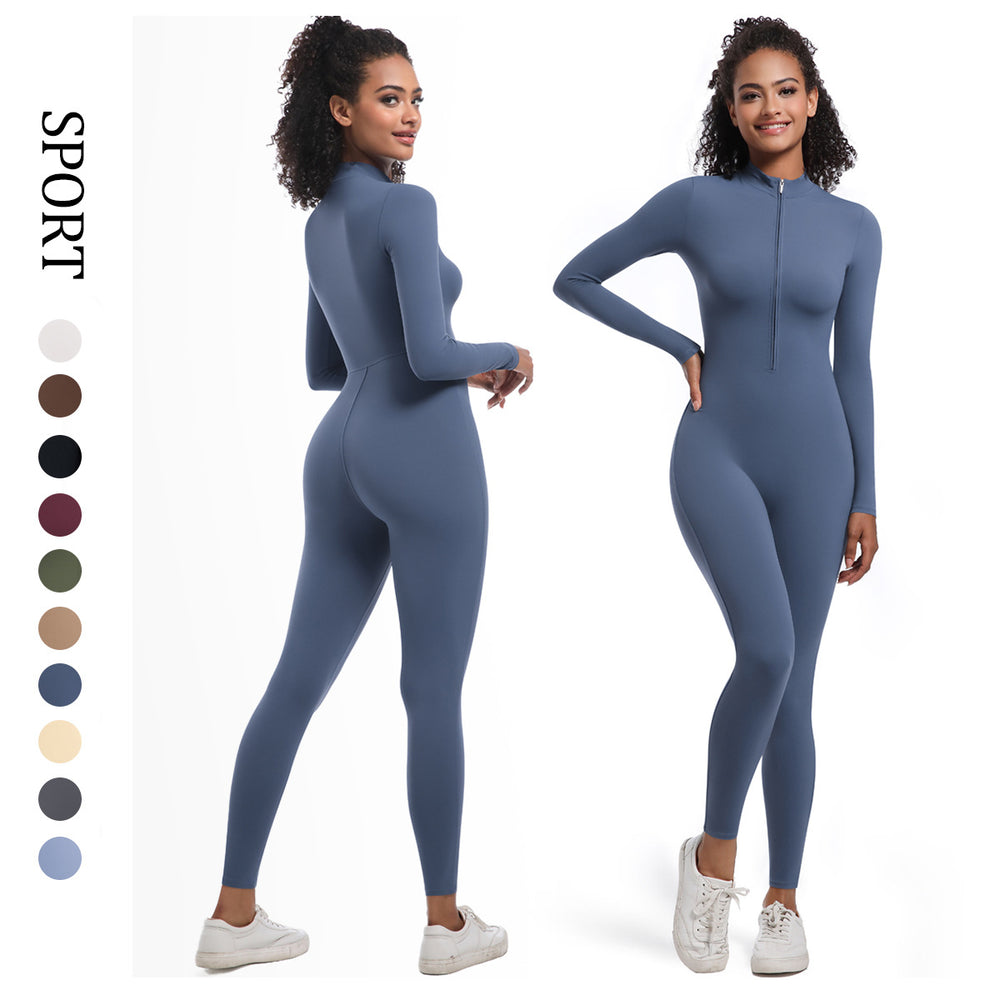 European and american style zipper nude feel long sleeve bodysuit yoga outfit - quick dry, compression, high-intensity running fitness activewear for women