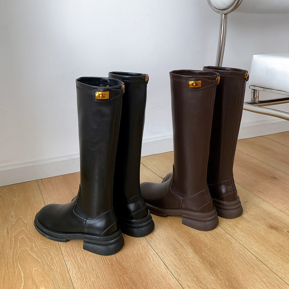 Petites thick heel boots women's thick round toe small gold buckle knee high knight boots boots 2025 brown black waterproof