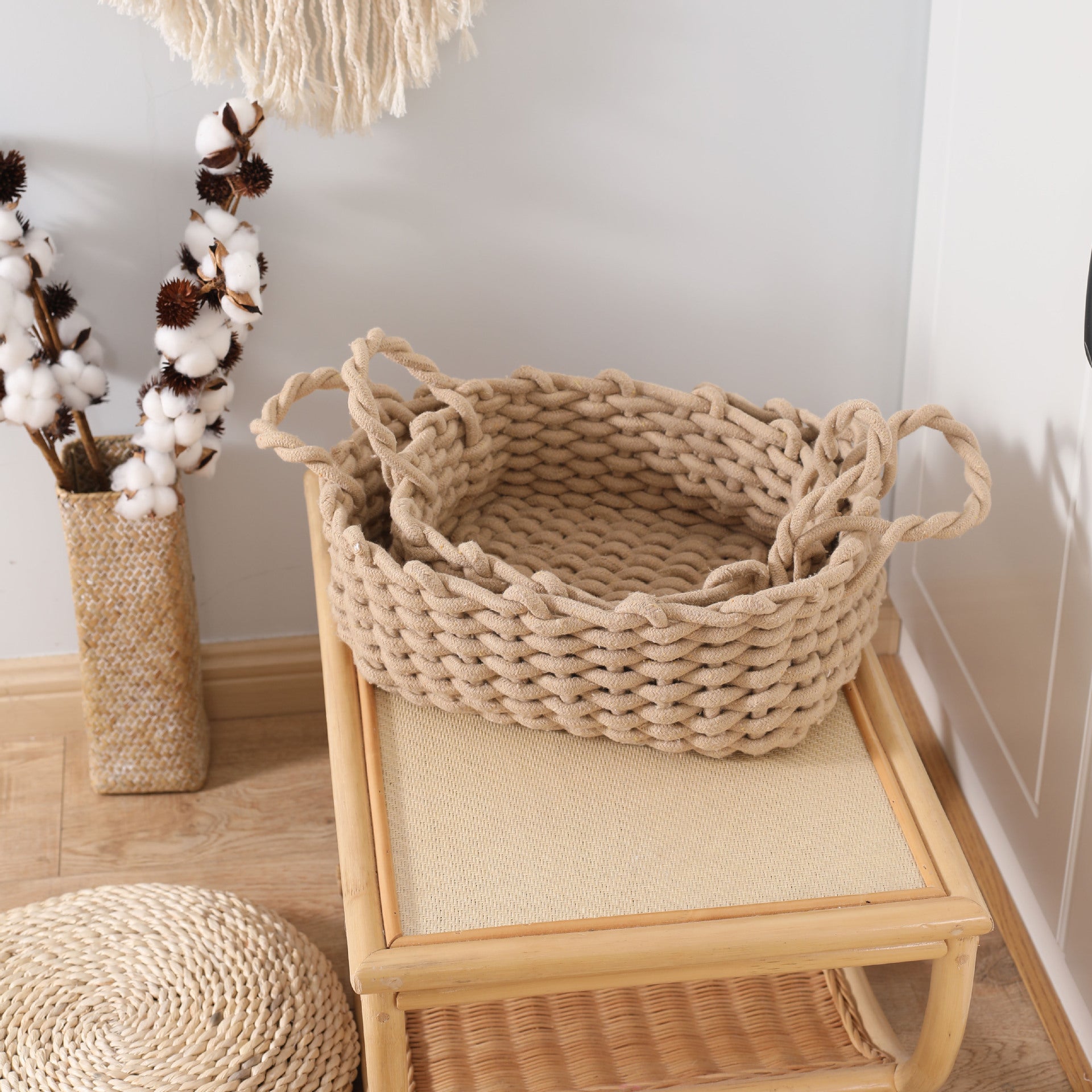 Japanese toys, cosmetics, woven cotton rope storage box, simple storage basket, snack key, desktop sundries basket, spot.