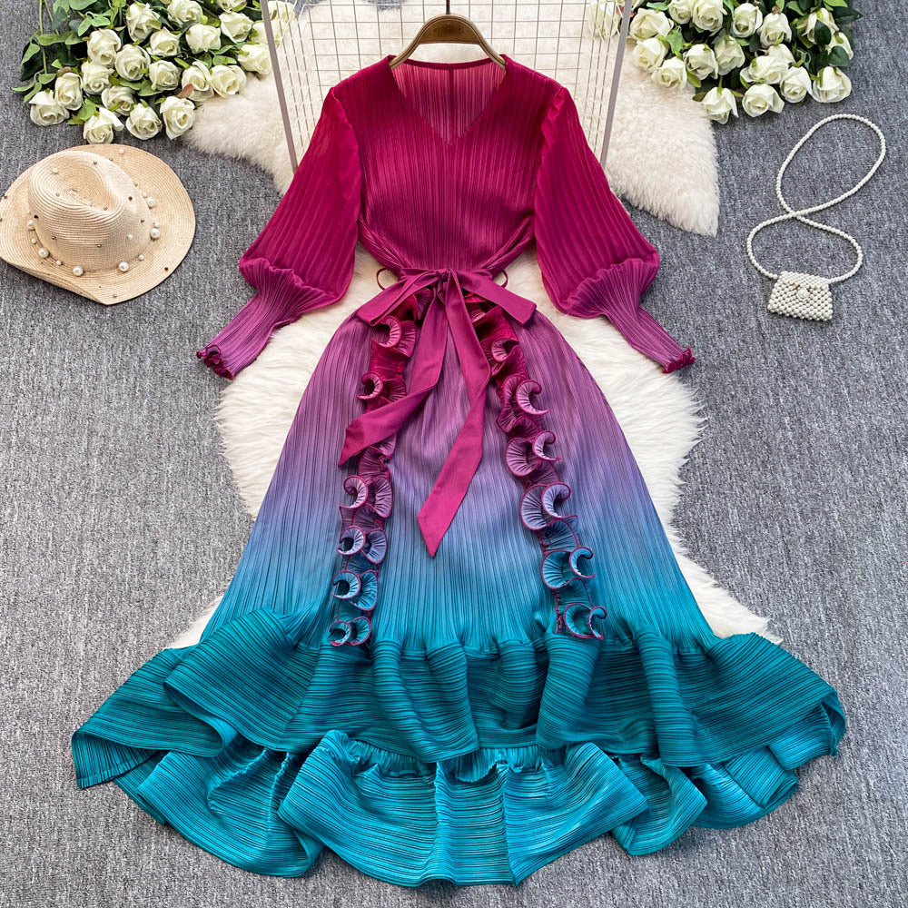 Miya foreign trade premium banquet gown - gradient ruffle detail, heavily pleated, slim-fit long dress