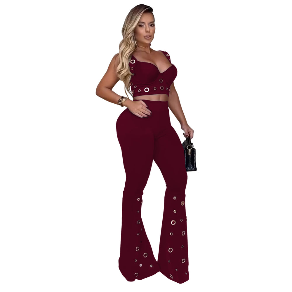 C7451 cross-border   fashion women's elegant sexy top and wide-leg pants two-piece set