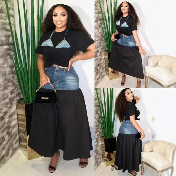 is selling  European and American new fashion personalized splicing contrasting color T-shirt denim skirt set two-piece women's
