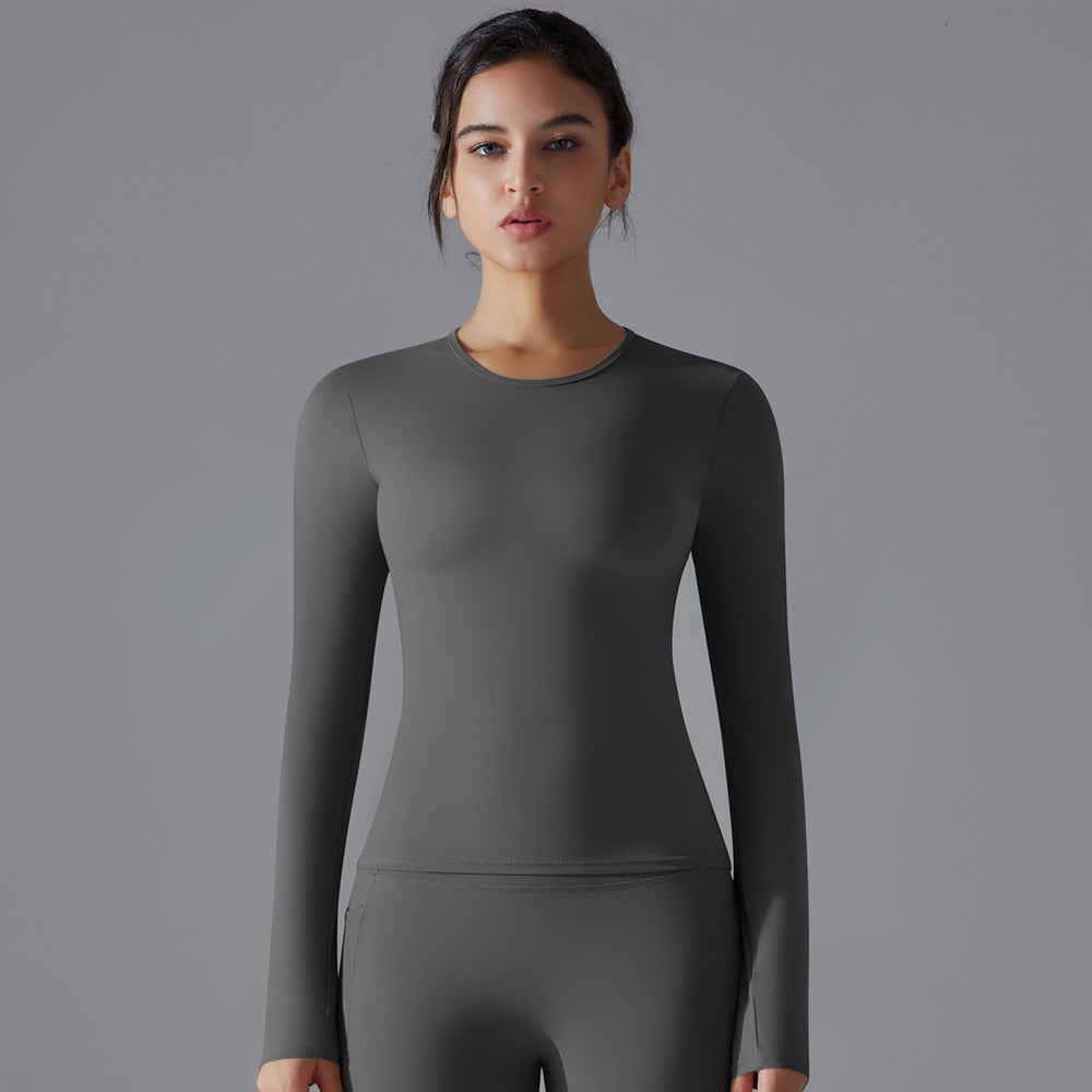 New double-sided brushed solid color long yoga top - long sleeve, high-stretch, breathable, sports running fitness casual t-shirt for women