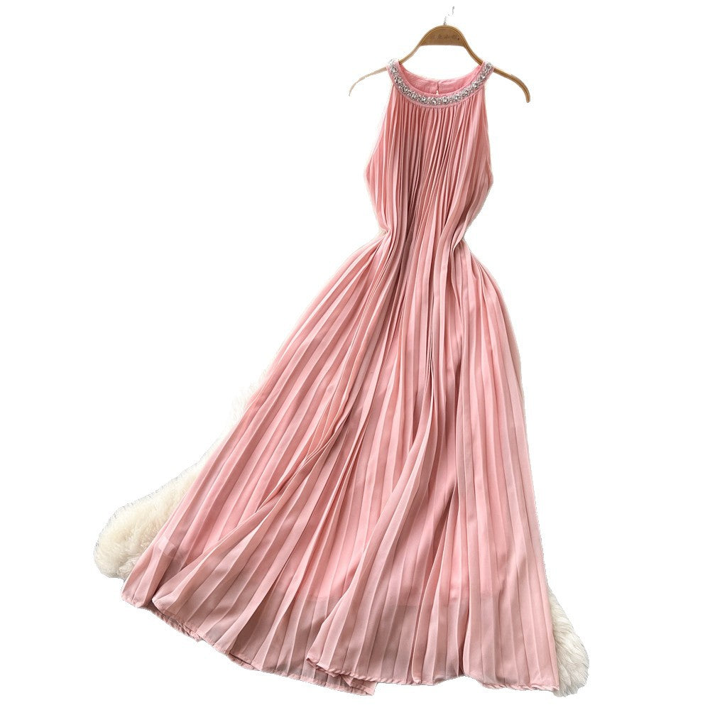 Luxury chic diamond-embellished halter dress - pink summer sleeveless high-waisted a-line pleated maxi dress - premium quality
