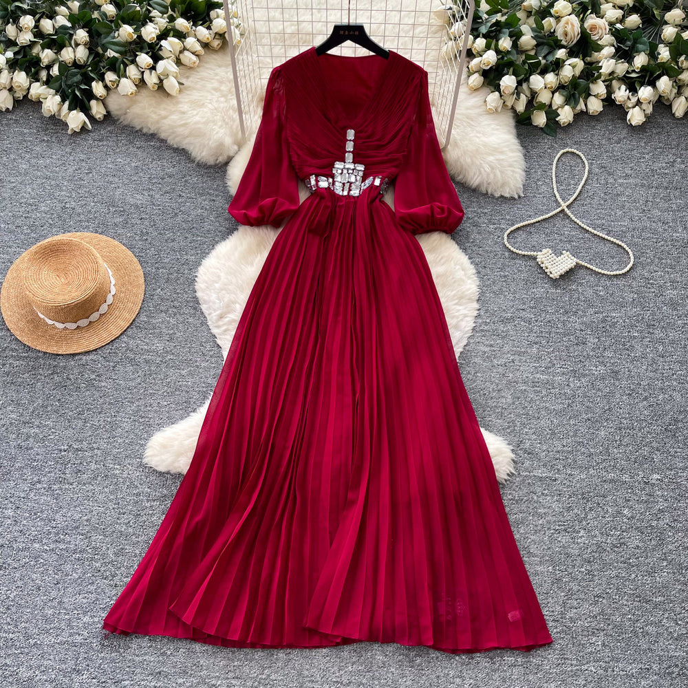 French chic red v-neck lantern sleeve dress - women's summer lightweight, breathable, slimming, elegant pleated maxi dress
