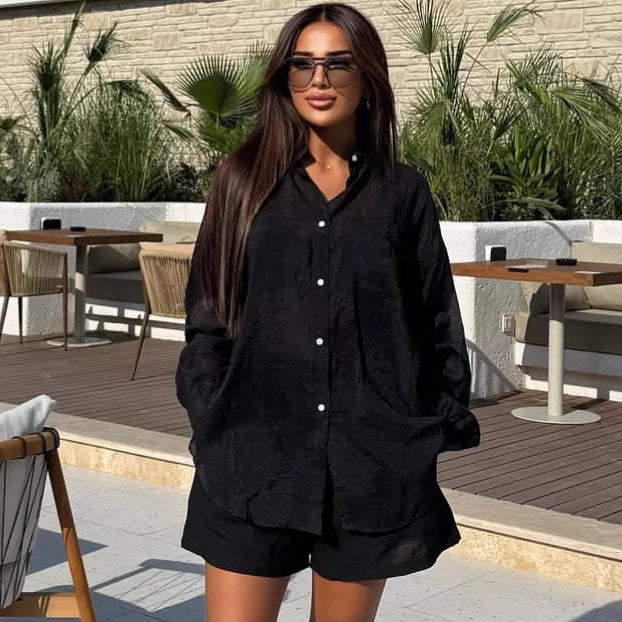 European and American large size solid color long-sleeved cardigan lapel shirt women's African casual temperament shorts loose new two-piece set