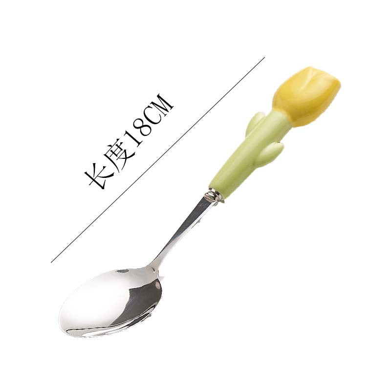 Simple 304 stainless steel kids knife, fork and spoon combination, high-looking spoon, tulip ceramic handle, steak knife