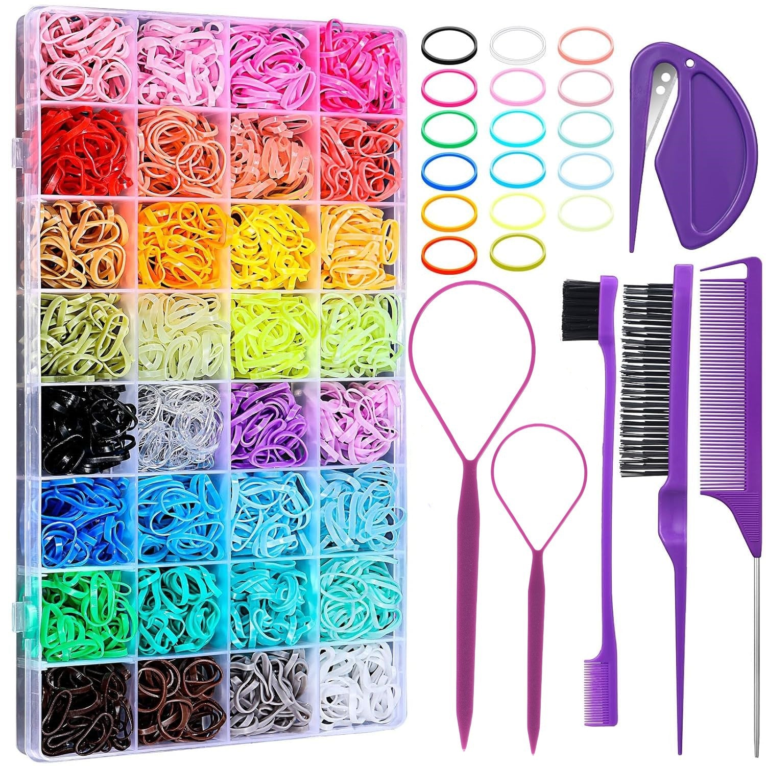 Cross-border special for children's rubber bands, colored hair ropes, 24/28/32-color boxed head ropes, hair pulling needles, pointed tail combs