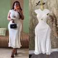 Luxury off-the-shoulder lace trim a-line knit dress - women's summer sleeveless high-end commute chic maxi dress