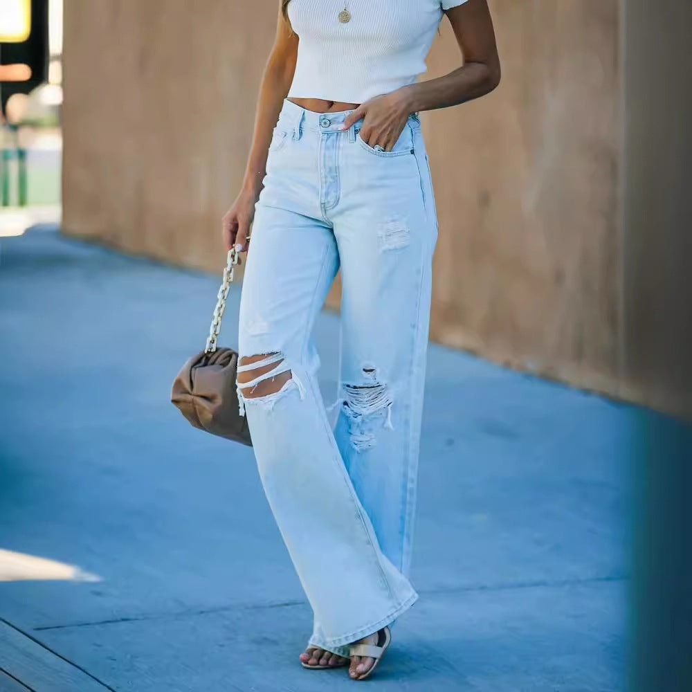 european and american cross-border e-commerce summer new arrivals: high-waisted, washed, distressed, casual denim jeans for