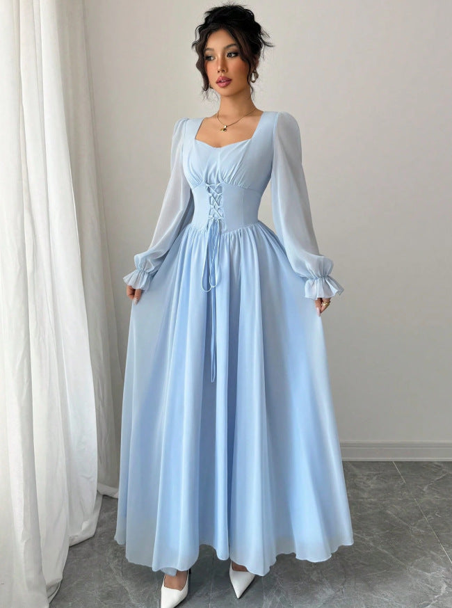 Fashion cross-border  overseas hot style mint green waist simple pure color square collar long sleeves large hem version long skirt