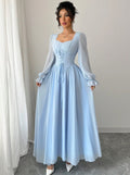 Fashion cross-border  overseas hot style mint green waist simple pure color square collar long sleeves large hem version long skirt